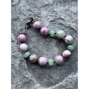 Natural Rhodonite & Aventurine 925 Sterling Silver Beaded Bracelet
